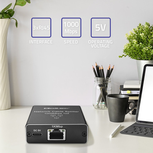 Adaptor Splitter mini SWITCH Qoltec 1x2 porturi RJ45 1000Mbps USB-C Aluminiu - imagine 2